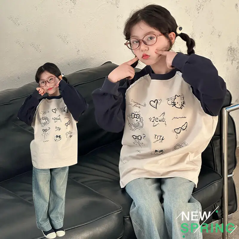 

Hot Sanrio Student Coat Hello Kitty Kawaii Anime Fashion Autumn Girl Round Neck Casual Base Layer Tops Children's Clothing New