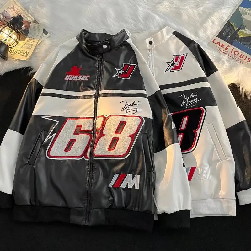 جديد الأمريكية بولي Leather سترة جلدية ربيع الخريف الشارع الهيب هوب الطيار دراجة نارية البدلة العلامة التجارية العصرية فضفاضة كول عادية مطرزة