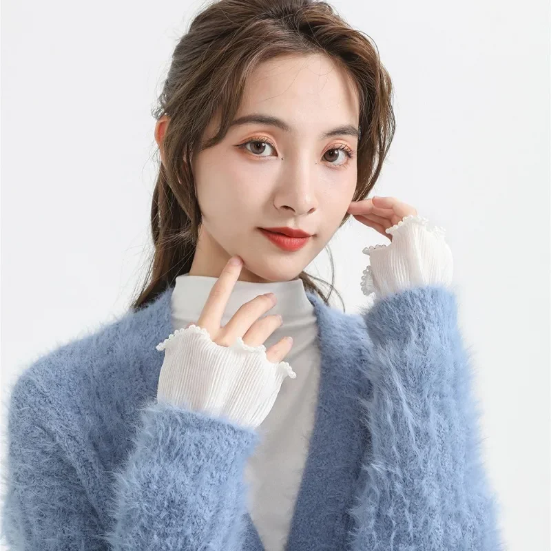 Handmade Beads Shirt Detachable Cuffs Extension for Womens Dress Fake Cuff Sleeves Elastic Wild Wrist Pleated Fake Sleeves