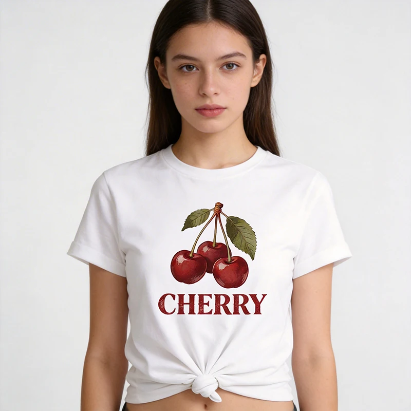 Damen-T-Shirt mit süßem Kirschdruck, Frühling, Sommer, Rundhalsausschnitt, kurzärmelig, für Damen, Vintage-Y2k-T-Shirts, Tops, Kleidung