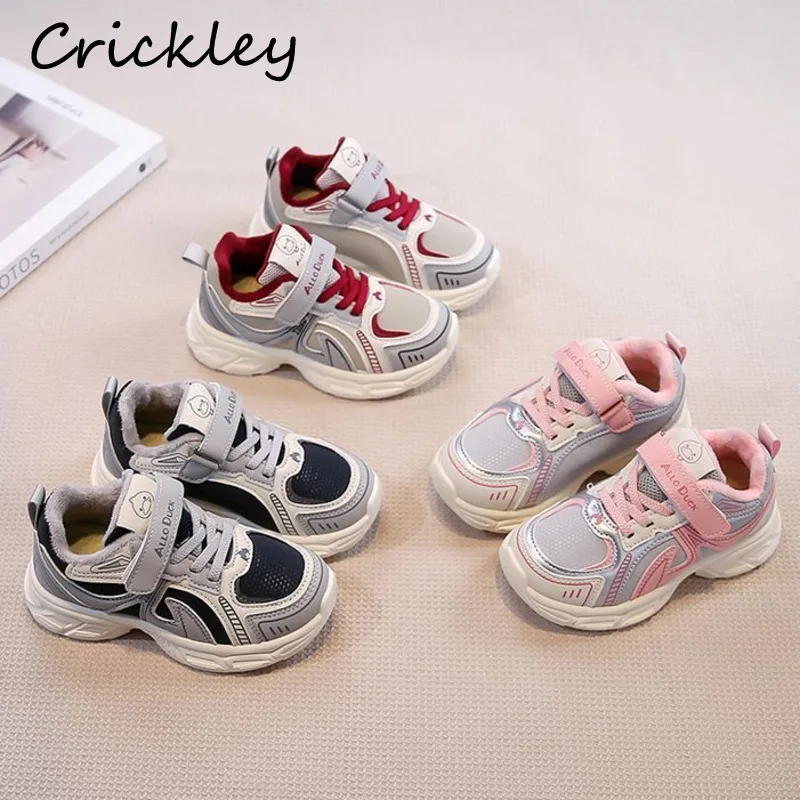 

Осенне-зимние сетчатые детские кроссовки из искусственной кожи, теплая плюшевая повседневная обувь для маленьких мальчиков и девочек, детская спортивная обувь на мягкой подошве с крючками