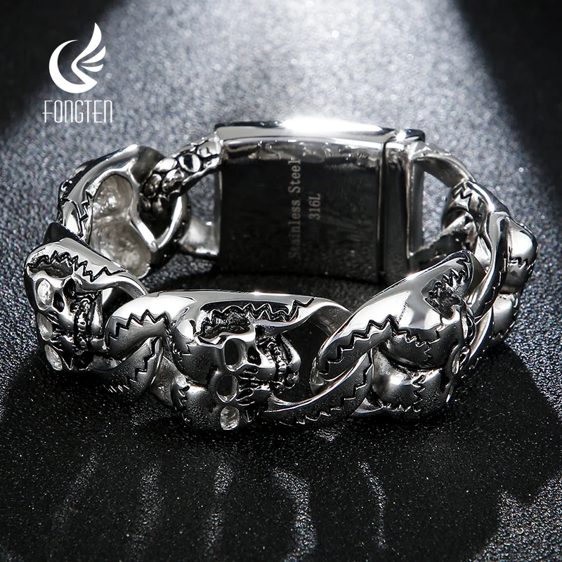 Fongten 20cm Skull Bracelet For Men Stainless Steel Heavy Male Bangle Bracelets Gothic Silver Color Skeleton Jewelry