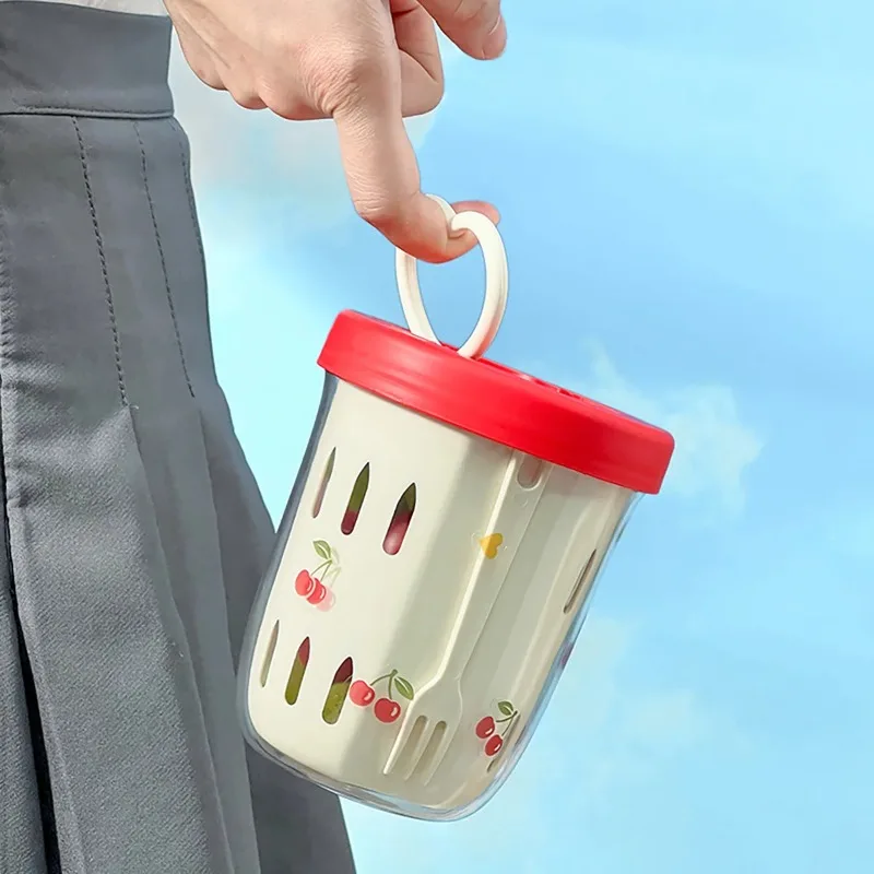 Salad Cup with Fork and Handle Portable Leak-Proof Oatmeal Container Multi-Functional Drainable Fresh Food Storage Lunch Box