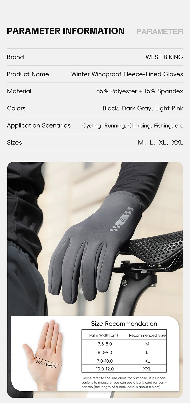 WEST BIKING Winter-Fahrradhandschuhe, Fleece-gefüttert, Touchscreen-fähig, rutschfest, winddicht, für Straßen- und Mountainbikes, für Männer und Frauen, warme Griffhandschuhe – Detail 3