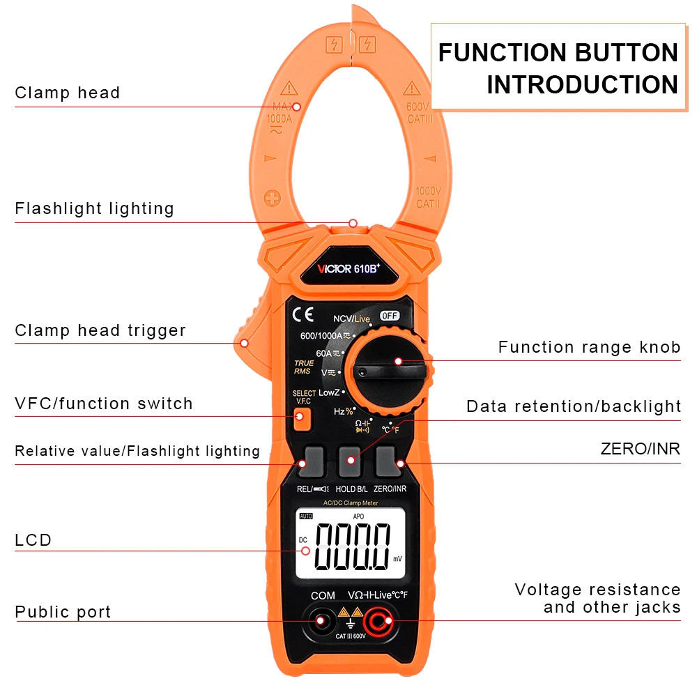 Victor 610B Digital Clamp Meter DC/AC  6000 Counts 1000V 1000A Amp Multimeter Large Color Screen Voltage Tester Car Hz NCV Ohm