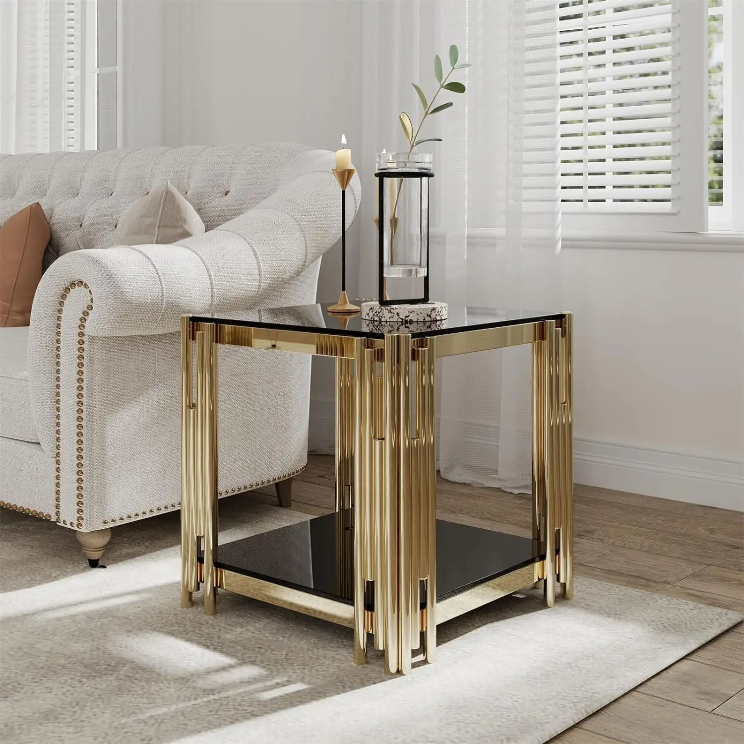 Black Side Table Small End Table with Mirrored Stainless Steel Metal Base, 2-Tier Square Glass End Table with Storage, Modern Si