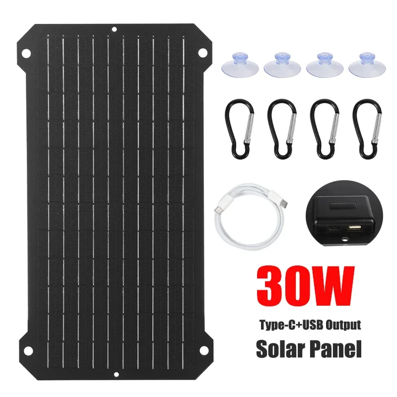 30W Solar Panel USB+Type-C Output Solar Cell Portable Solar Plate Charger For Camping Outdoor Mobile Phone Tablet Camera Fans