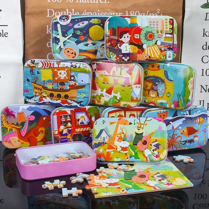 60PCS Wooden Jigsaw Iron Box Set Cartoon Characters Animal Early Educational Learning Logical Thinking Focus Puzzle Toy Gift