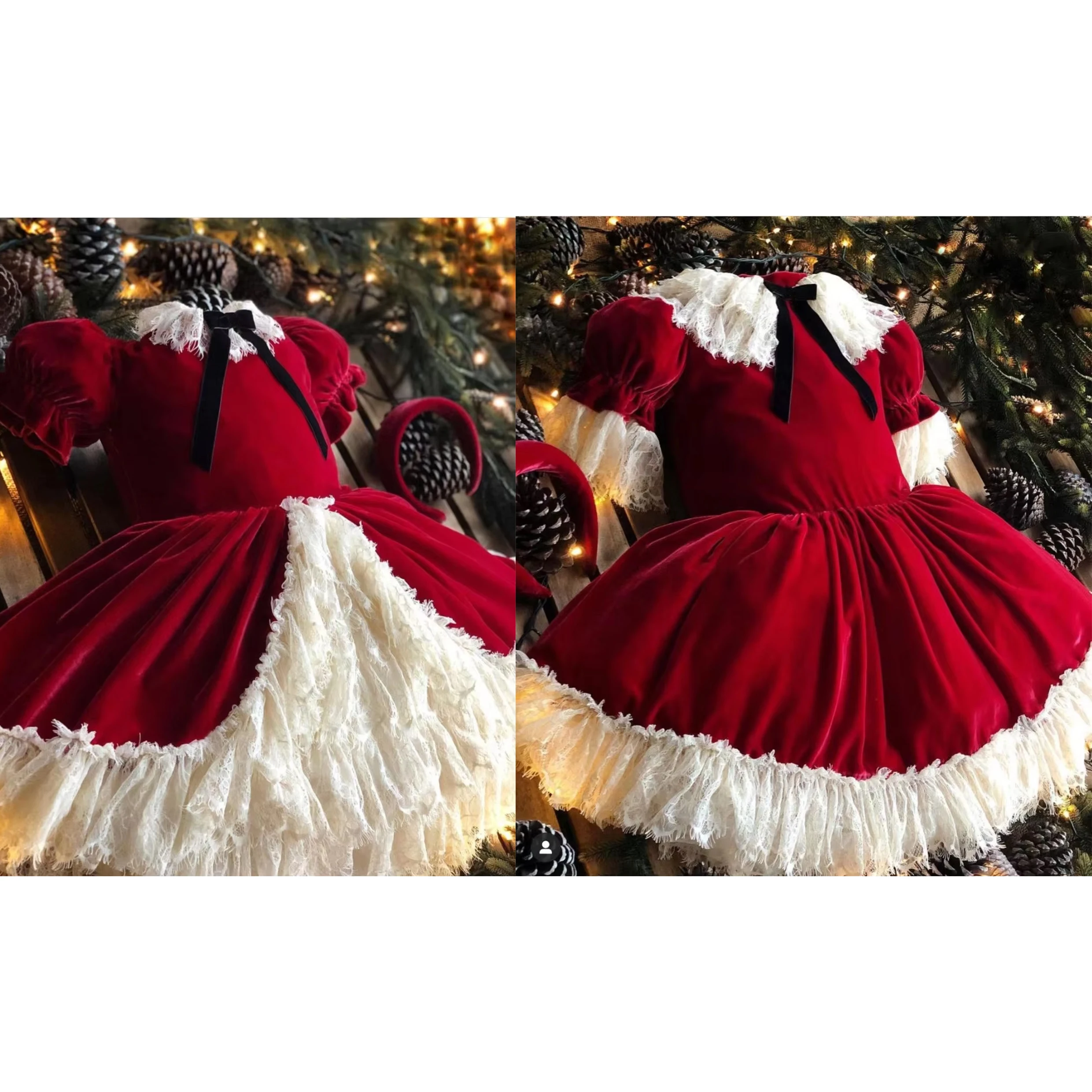 0-12Y Baby Girl Autumn Red Velvet Lace Turkish Vintage Princess Ball Gown Dress for Party Birthday Holiday Eid Christmas C68
