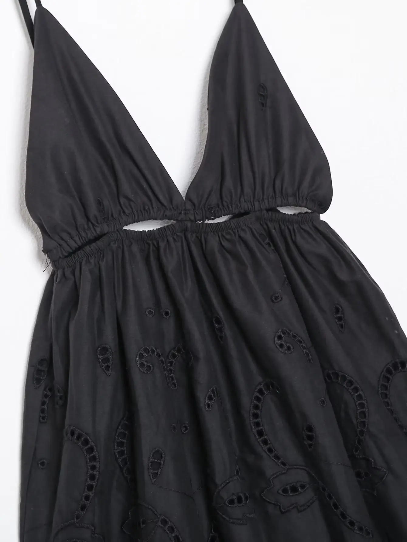 Women Spaghetti Strap Embroidery Hollow Out Black A-line Dress Summer Cotton Mini Dresses