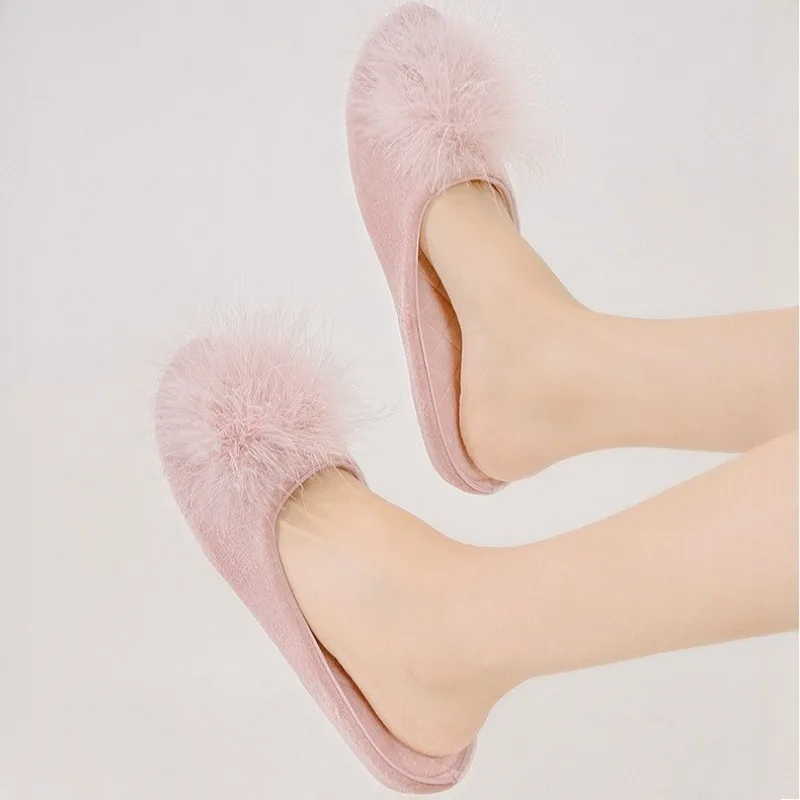 ريشة شعري تزيين شبشب منزل دافئ النساء الراحة الساتان شقة مصمم حذاء خفيف الوزن عدم الانزلاق نعال من القطن السيدات