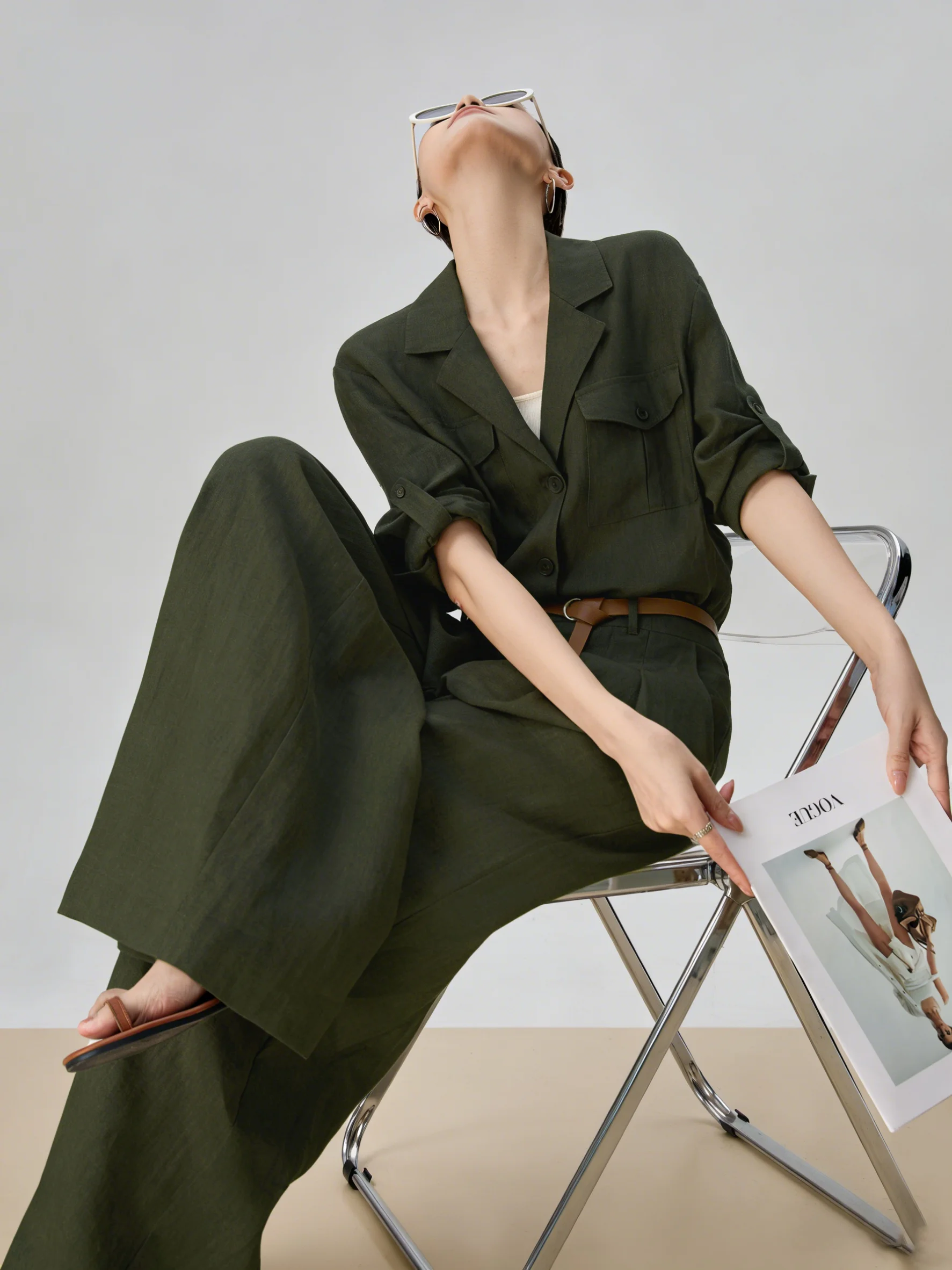 

2026 Spring Military Green Long Sleeve Shirt And Pants Set Casual Women's Fashion Ensemble High Waist Loose Fit V-Neck Button-Up