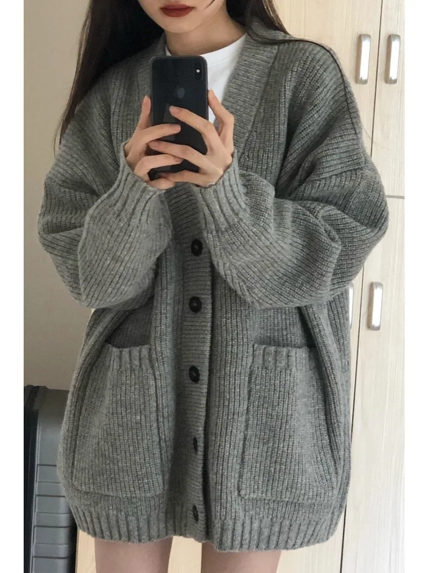 Gray Knitted Loose Sweater Coat Women's V-neck Autumn Winter New Style Lazy Fashion High-grade Open Cardigan Long Sleeve