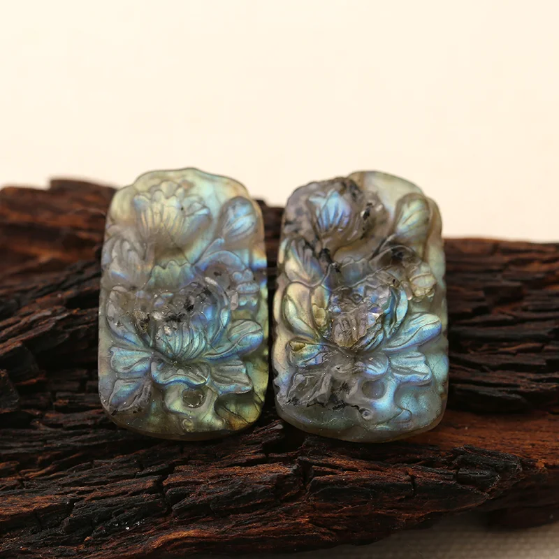 Natural Labradorite Flower Carving 32x19x6.5mm Pendant Bead Pairs 6g Flash Stone for Jewelry Making Earring Accessories