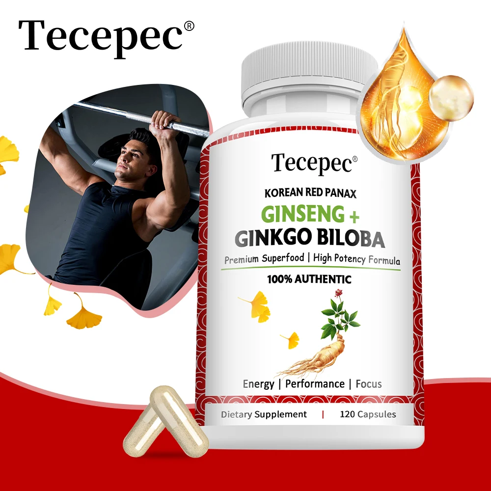 Korean Red Panax Ginseng 1200mg Highest Potency with Ginkgo Biloba, Boost Energy, Memory, Immune System, for Men & Women