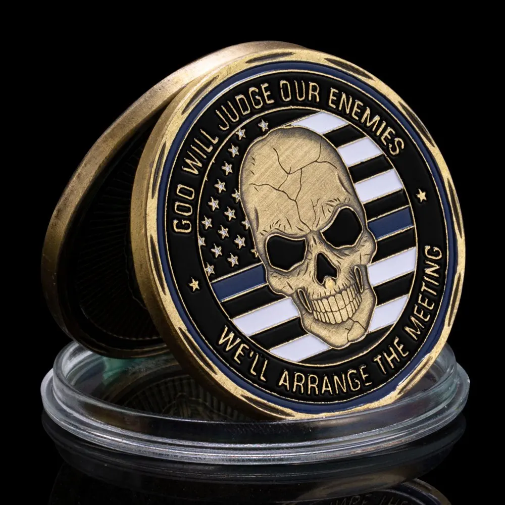 United States Blue Line Skull Bronze Coin To Protect and Serve Collectible Challenge Coin Police Officer Commemorative Coin