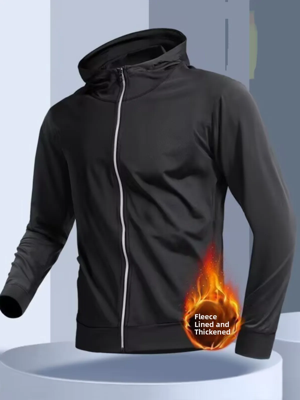 Men's Fleece Lined Running Jacket Outdoor Sports Training Gear Ultra Light Zipper Hooded Windbreaker Anti-Bacterial Quick Dry