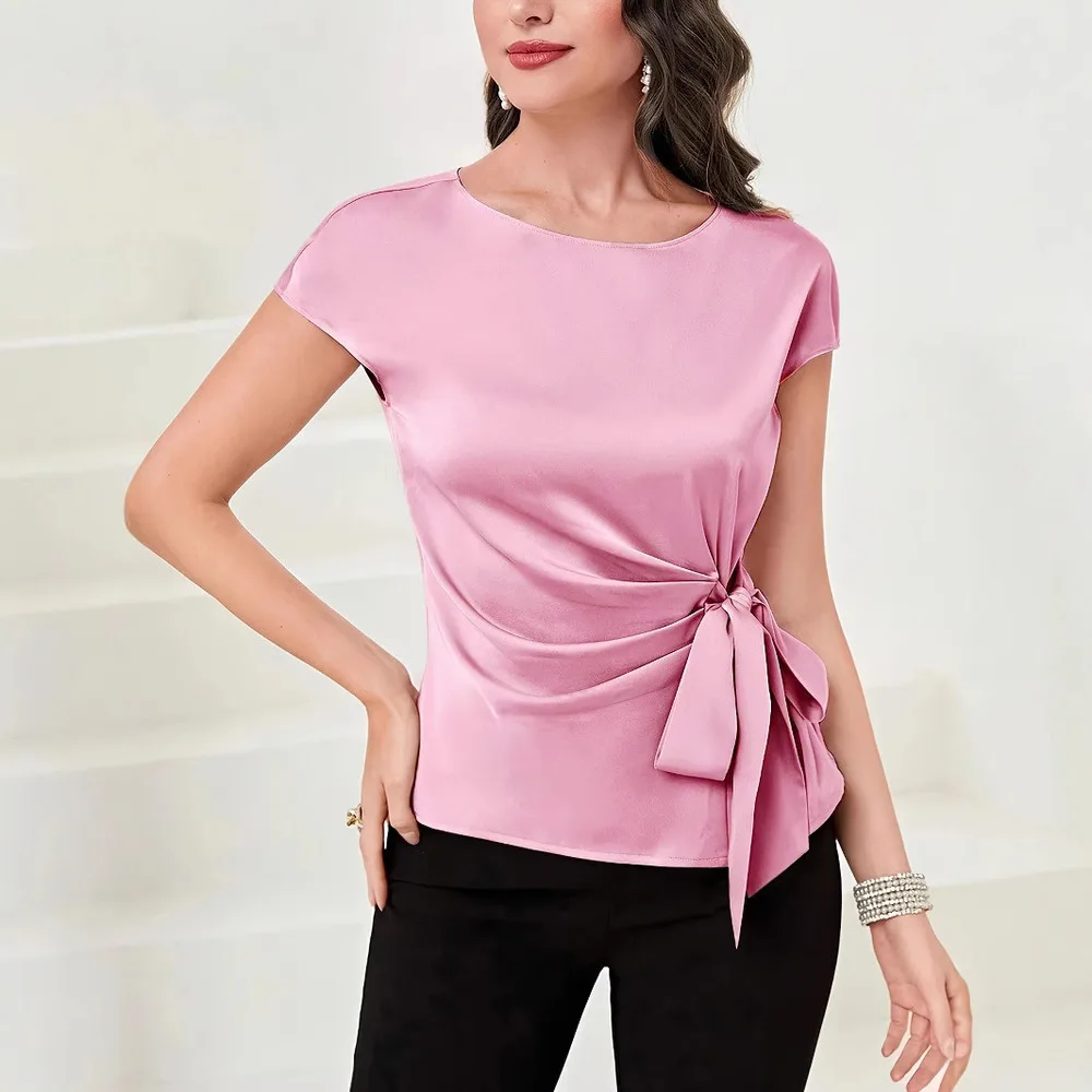 

Elegant 2025 Summer Bow Tie Design Knot Blouse Fashion Slimming Shirt Womens Tied Waist Elegant Tops Casual Chic