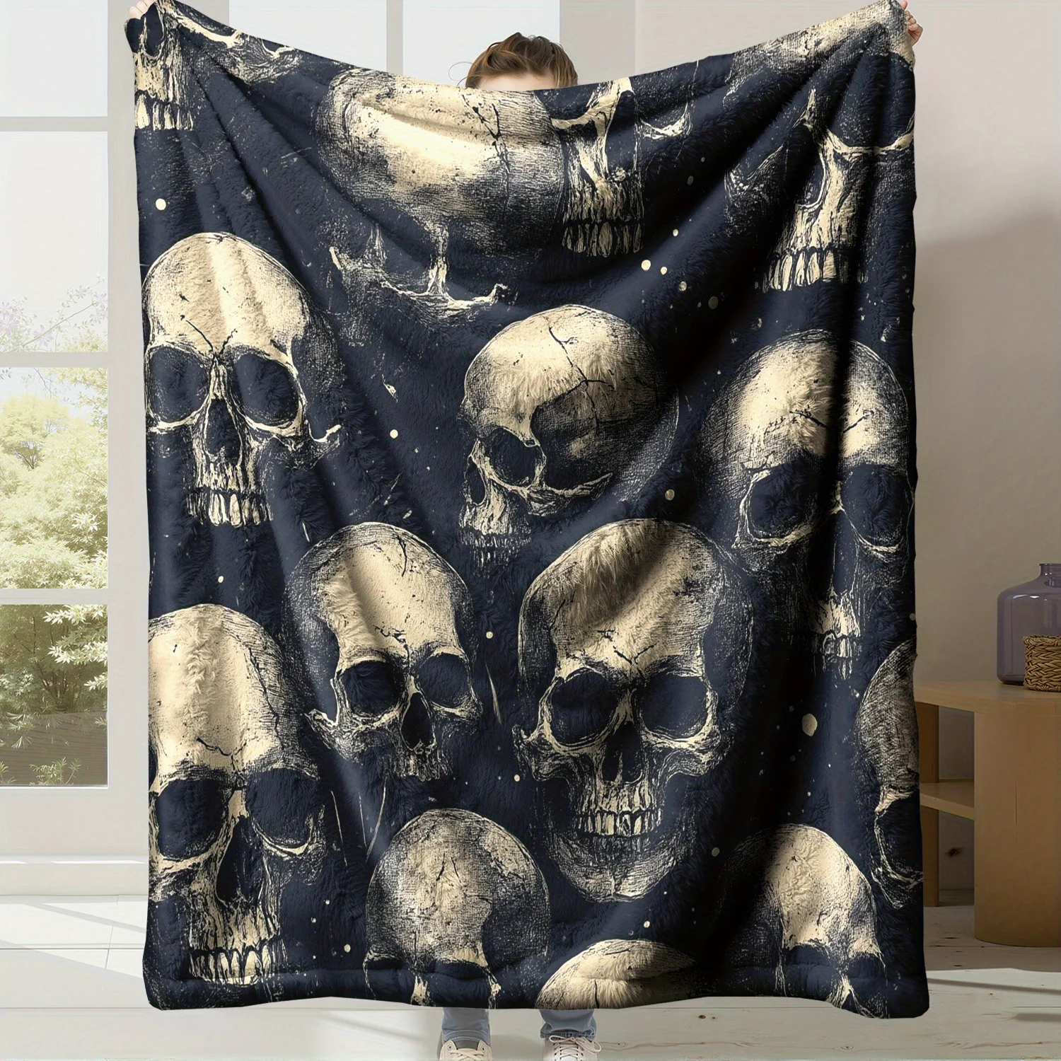 Throw Blanket Dark Blue Skull Print Gothic Halloween Design Soft Cozy Wrap For Bedroom Living Room And Edgy Home Decor