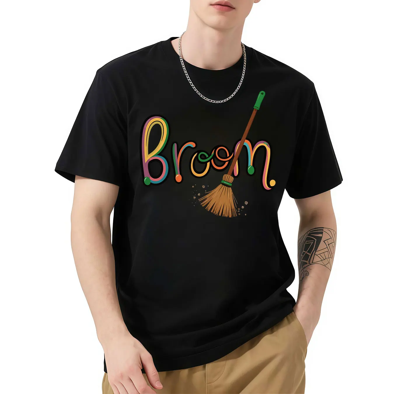 

Short - Sleeve Tee with Broom Graphic, Colorful Broom - Themed Print, Fun and Quirky Design, Perfect for Casual Wear