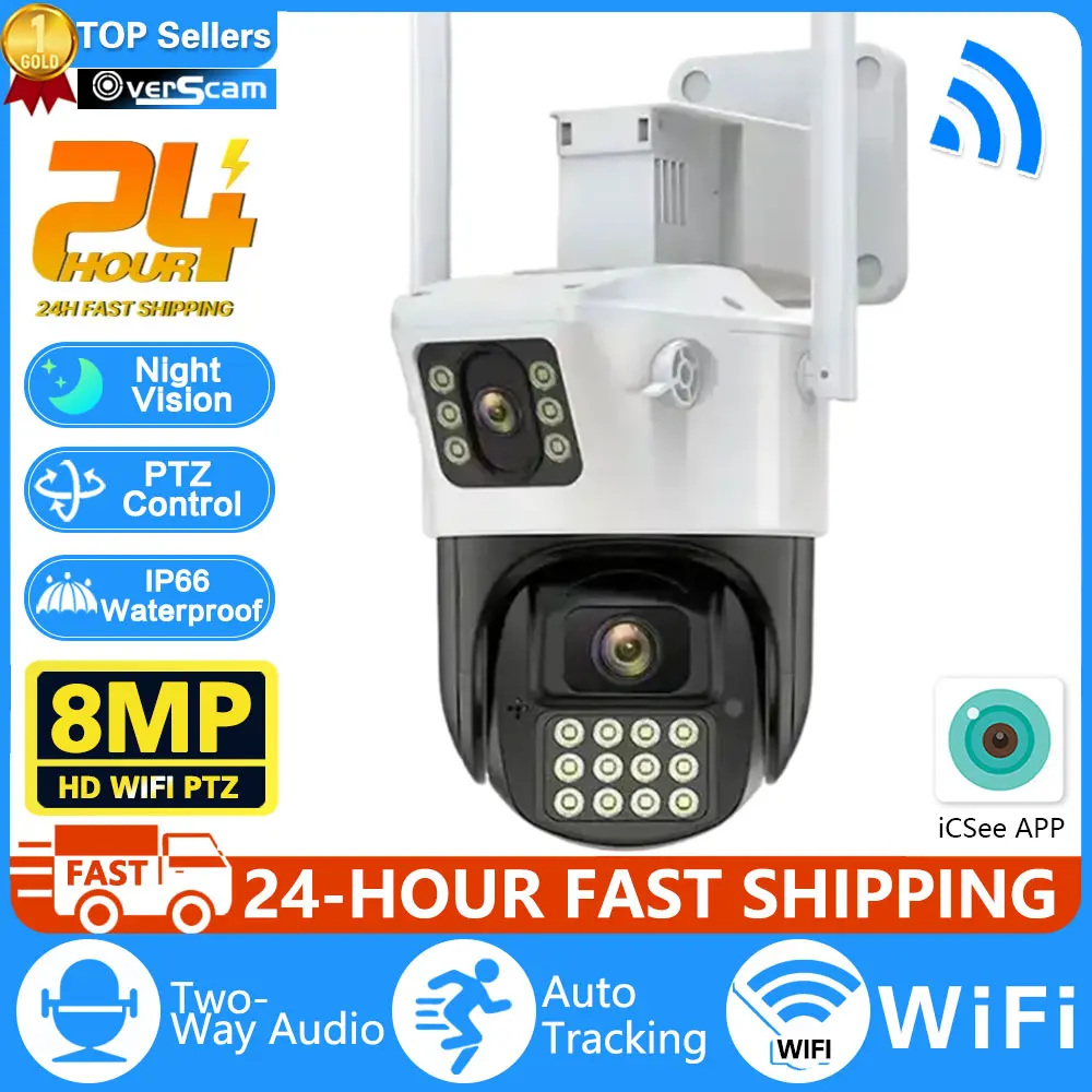 

8MP 4K Wifi Camera Dual Lens Security Protection Waterproof Security CCTV Video Surveillance Camera Police Light Alarm IP Camera