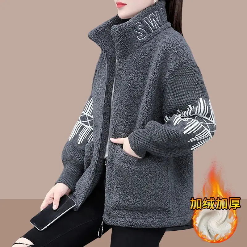 Warm Stitching Lamb wool Winter Jacket Female 2023 Fashion Loose Plus velvet Thick Coat Short Casual Women\'s Zipper Outwear Tops