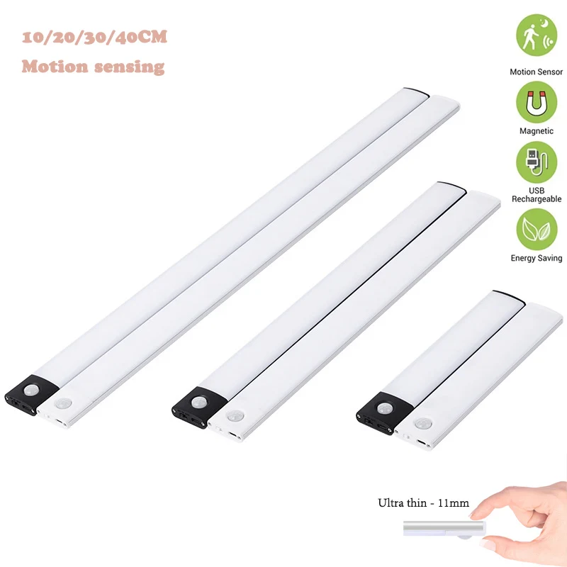 Motion Sensor Light Ultra-thin LED Strip Light Aluminum Alloy  Wireless USB Rechargeable Night Light For Kitchen Bedroom Stairs