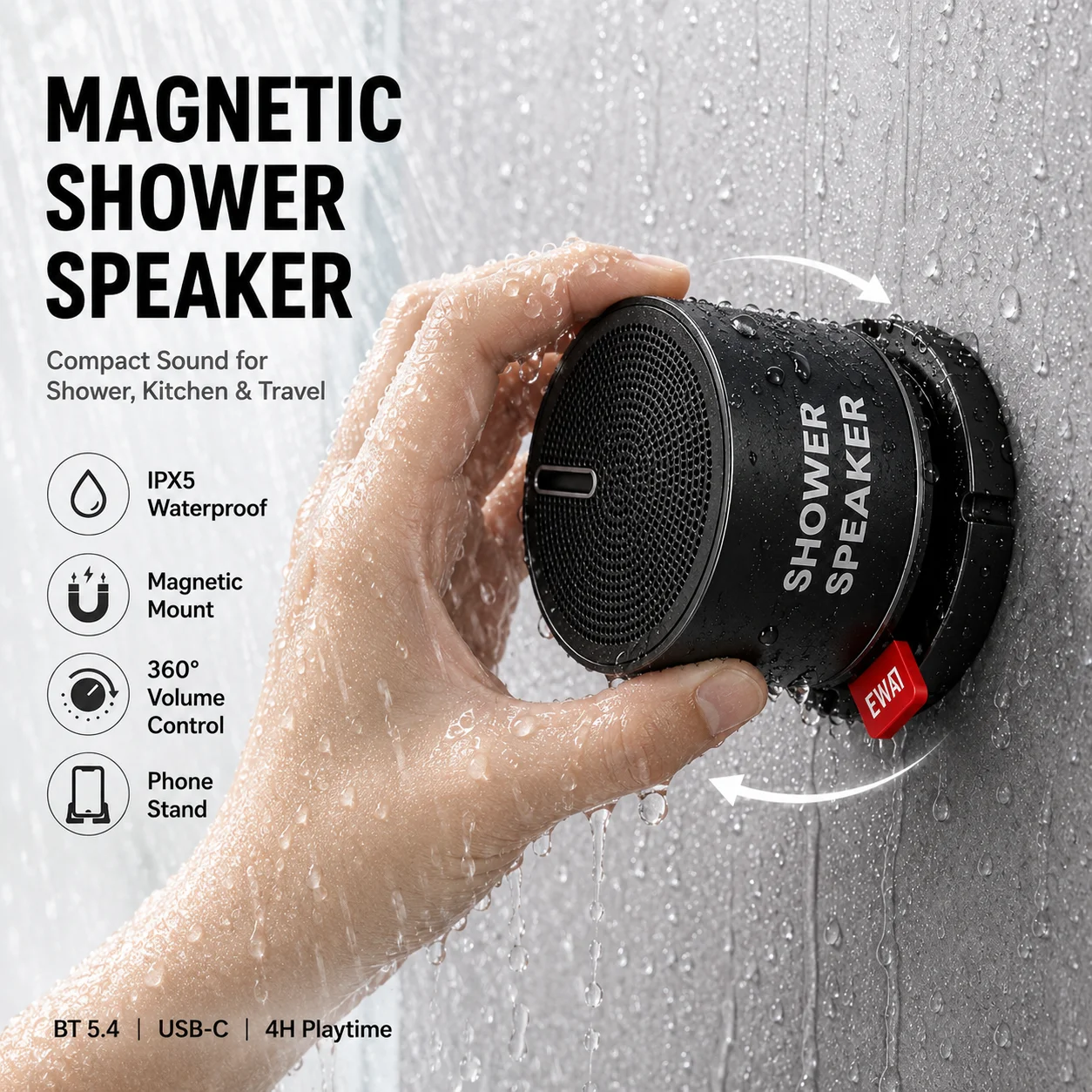 Magnetic Bluetooth Speaker IPX5Waterproof Mini Wireless 3W Stereo Bass Stainless Steel Portable Loudspeaker For Bathroom Outdoor