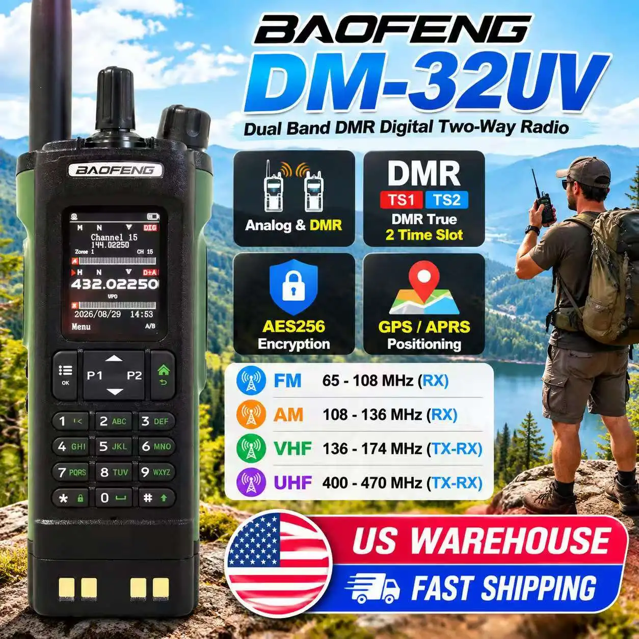 Ship From US Baofeng DM-32UV DMR Digital Analog Two Way Radio GPS APRS AES256 Encryption True Dual Time Slot TDMA