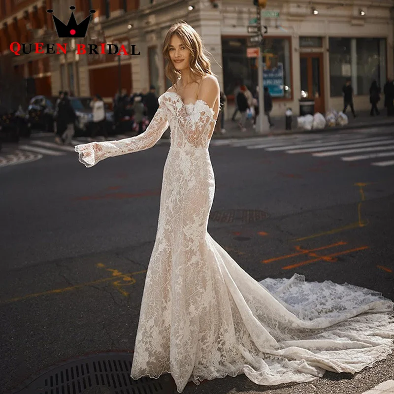 Tulle Luxury Long Sleeve Mermaid Wedding Dress 2023 New Sweetheart Lace Appliques Bride Gowns Robe De Mariée Custom M99J