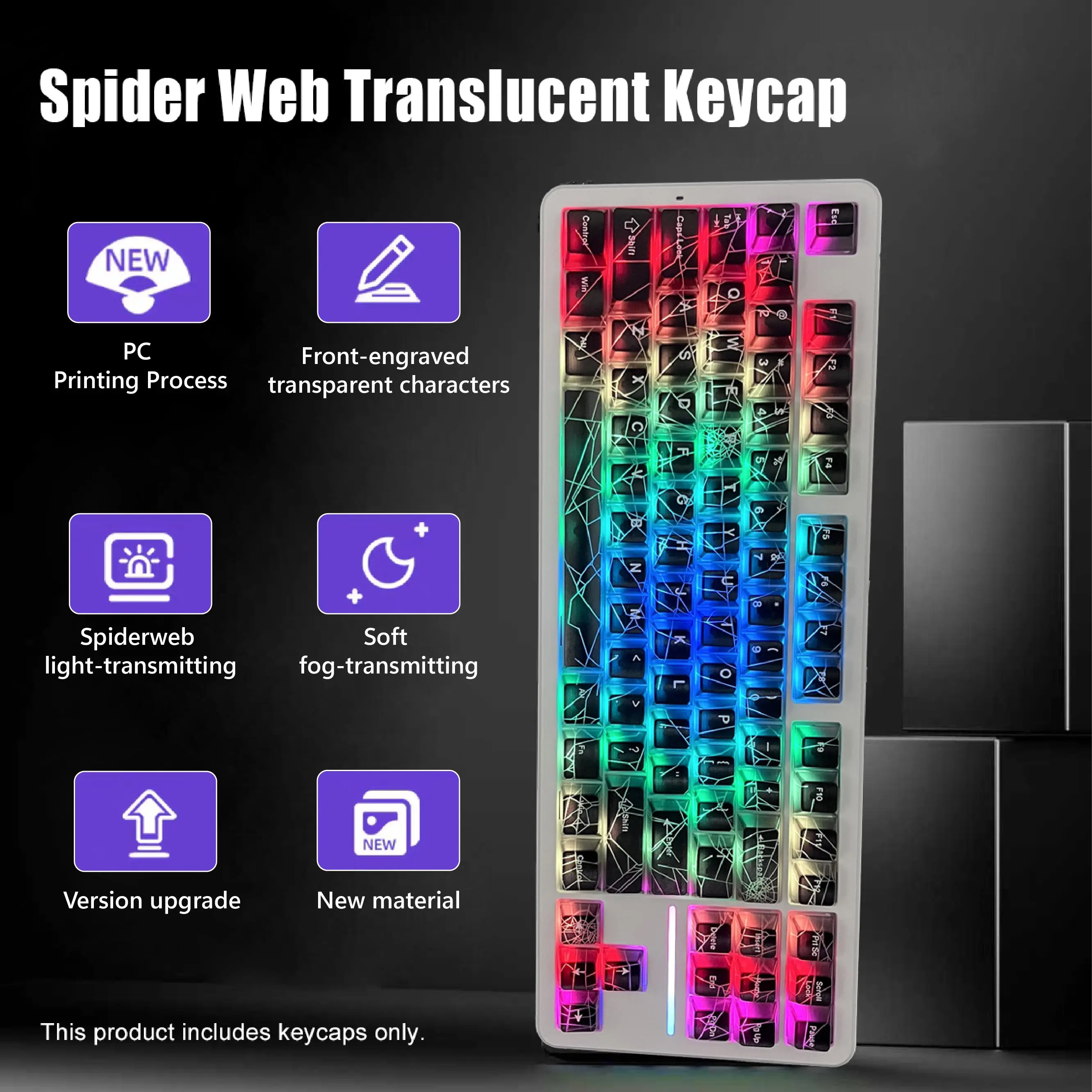 คีย์แคปใสรูปใยแมงมุม 120 ปุ่ม สีดำ วัสดุพีซีโปร่งแสง 4 ด้าน โปรไฟล์ OEM ใช้ได้กับคีย์บอร์ด 61/64/66/68 ปุ่ม