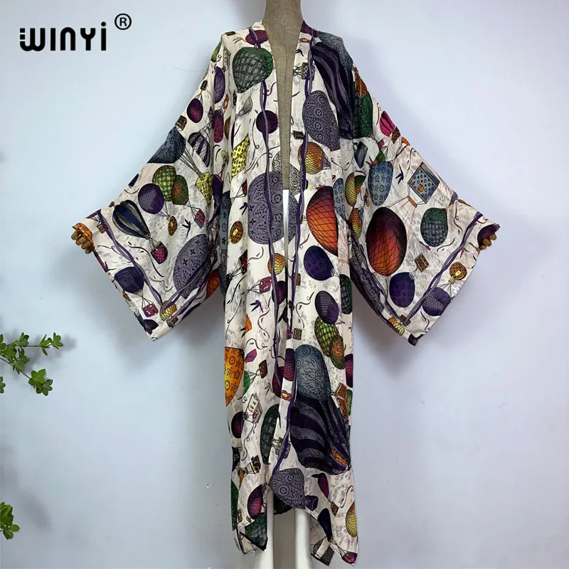 WINYI Africa Classic pattern print summer beach Bohemian long Cardigan Cover-up stitch Casual Boho Maxi Holiday party kimono