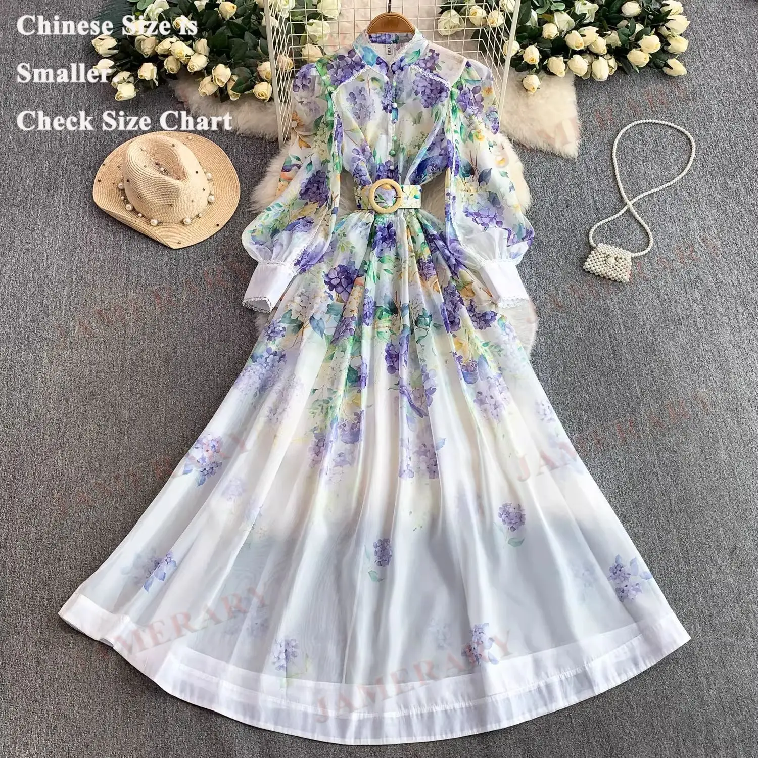 

Elegant Summer Chiffon Long Dresses Shirt Women Sweet Lace Trim Single Breasted Belt Floral Print Dress Holiday Bohemia Lolita
