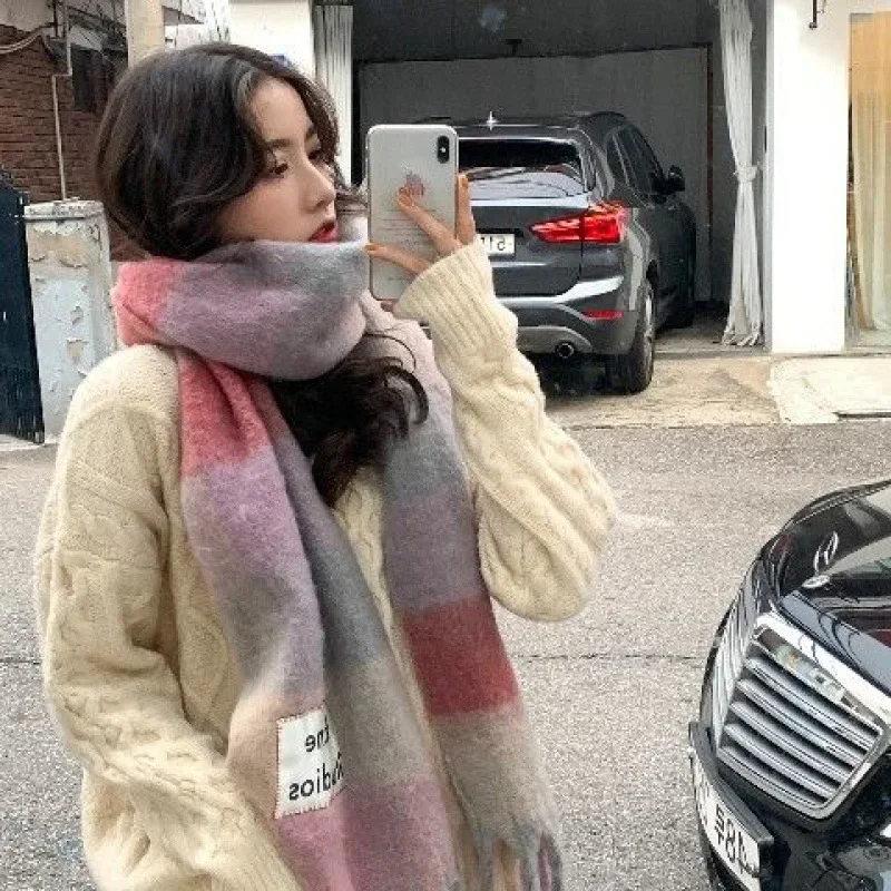 Korean Rainbow Fringe Scarf Winter Warm Square Shawl Couple Wrap Unisex Neck Warmer