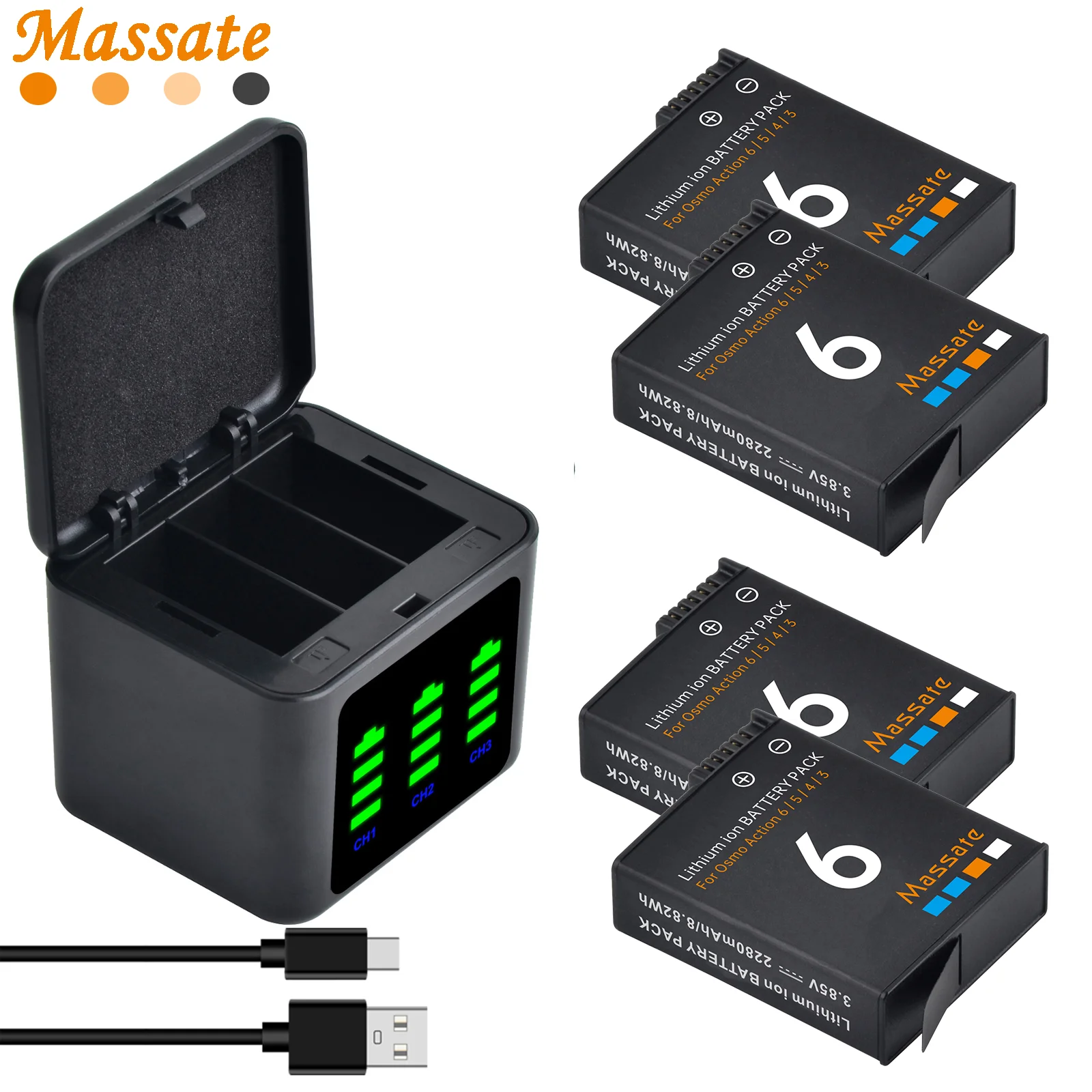 Massate For DJI Osmo Action 5 Pro Action 4/3 Replacement Battery +3-Slot Charger Box For DJI Osmo 360 Action 6 Accessories