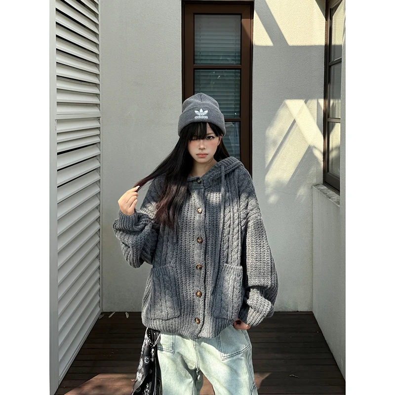 

YIBASHU Women Vintage Hooded Sweater Cardigans Autumn Winter Soft Warm Sweater Outerwears Single Breasted Oversized Tops Coat
