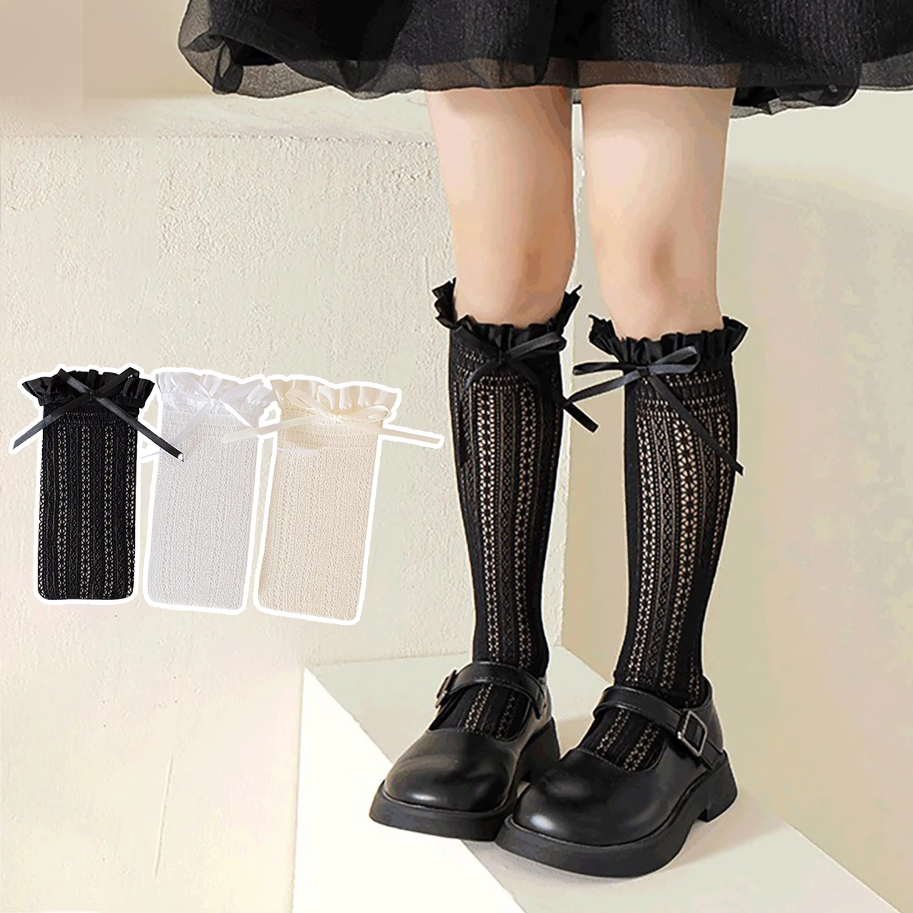 

Princess Girl JK Long Stockings Ruffle Brim Lace Bow Knee-high Socks Black White Kids Calf Sock Summer Children Footwear 3-15Yea
