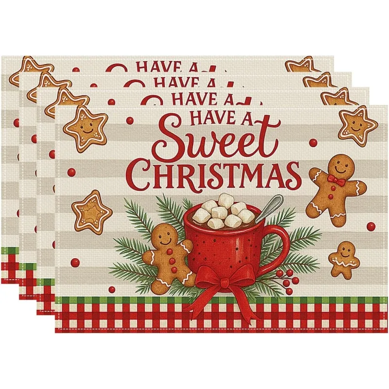 Red Themed Linen Placemats Christmas Home decoration Festive Table Mats Non-slip Heat-insulating Tabletop Protection 4/6/8pcs