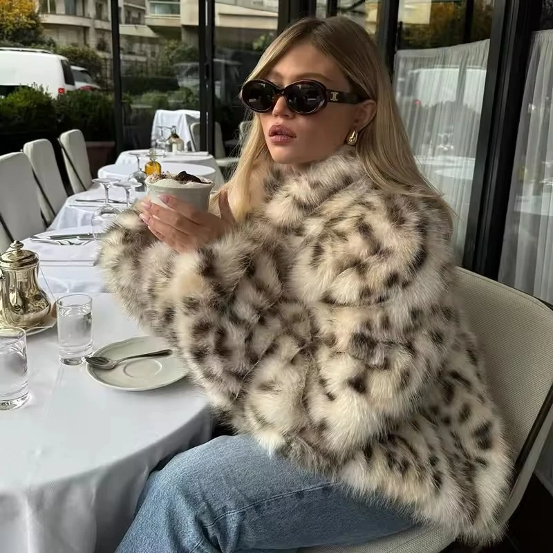 

Autumn Winter New Comfortable and Beautiful Fashion Imitation Fur Coat Women's Lapel Leopard Print Little Temperament Coat