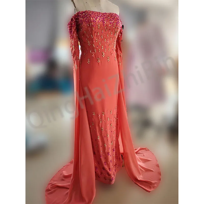 Watermelon Red Half Sleeve Sequined Beading Off The Shoulder Ribbons Woman Formal Wedding Guest Evening Prom Dresses Cocktail