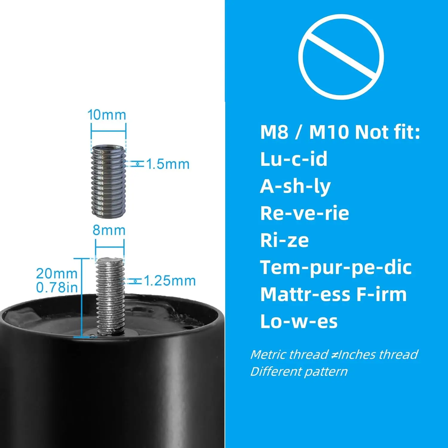 

7 H Metal Bed Legs Replacement For Electric Adjustable Bed Base Frame, M8 Threading With M10 Adapters