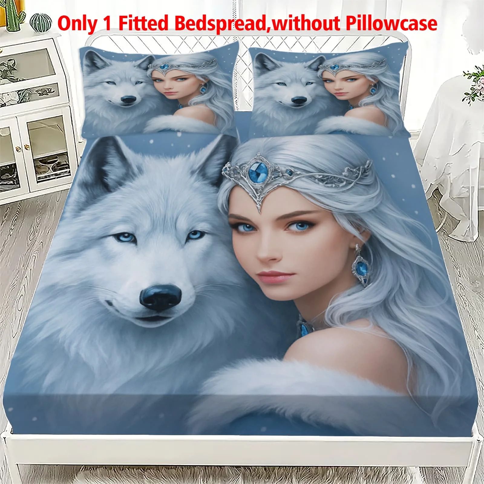 1pc Ice Princess with White Wolf Print Fitted Sheet Deep Pocket Elastic Mattress Cover Single Double Queen King Bedroom Decor