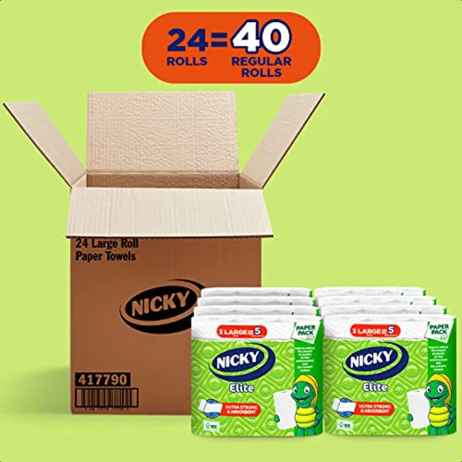 Asciugamani di carta Nicky Elite AdaptASize 24 rotoli grandi = 40 rotoli regolari Confezione senza plastica Involucro di carta Ultra resistente e assorbente