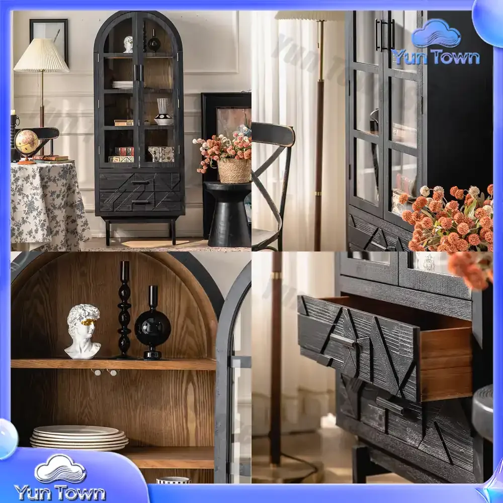 Nordic Minimalist Arched High Cabinet with Glass Doors for Dining Room Storage Decorative Buffet Cabinet for Living Room