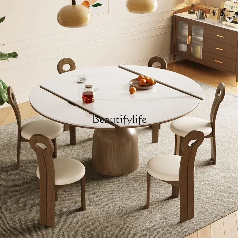 

Solid wood retractable rock slab dining table small apartment modern simple square and round dual-purpose