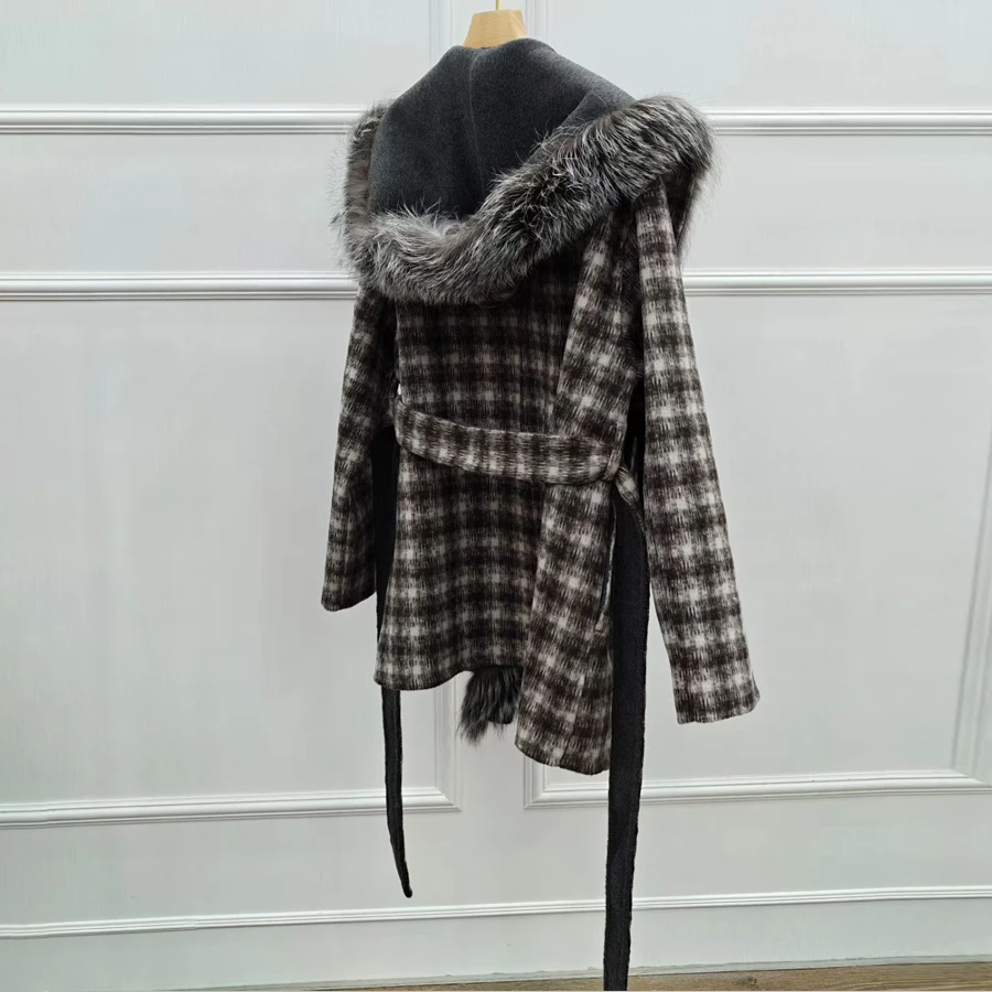 جديد معطف من قماش الكشمير مع حقيقية الثعلب الفراء طوق الأصفاد المرأة جواكت شتوية ريال فوكس الفراء معاطف فاخرة الصوف يمزج معاطف ﻿