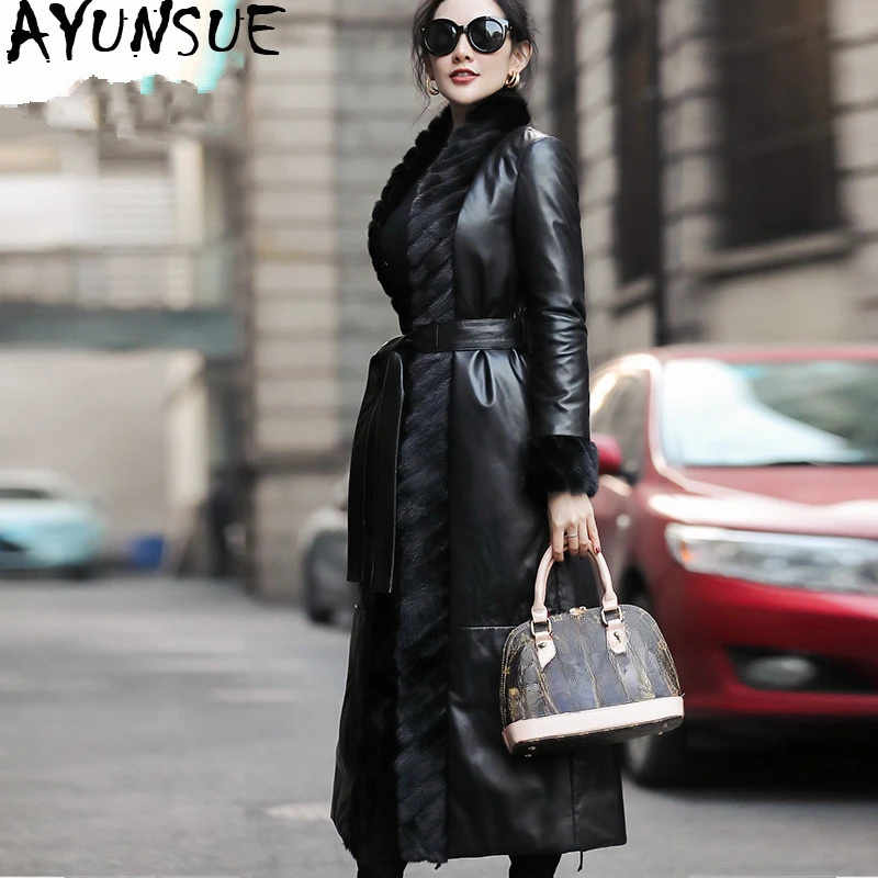 AYUNSUE Genuine Leather Jacket Real Mink Fur Collar Korean Down Jacket 2020 Winter Jacket Women 100% Long Sheepskin Coat MY3743