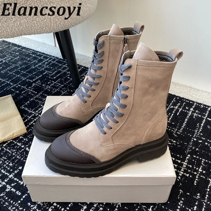 

Retro Riding Boots New Metal Bead Chain Tie Side Zipper British Style Short Boots Fashionable Medium Thick Soled Knight Boots