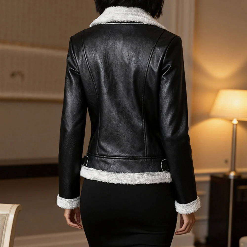 نمط سميك مبطن بالصوف سترة جلدية PU المرأة أزياء الوقوف طوق التخصيص الدولي معطف المرأة