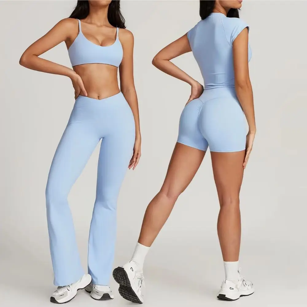 Women Sportswear Yoga Set 2PCS Sport Suit Gym Workout Clothes Short Sleeve Crop Top High Waist Flare Leggings Fitness Tracksuit